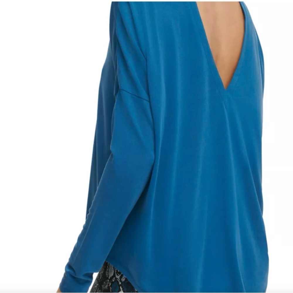 DKNY Teal Long-Sleeve Relaxed Pullover Round Neckline Deep V Cutout in Back - Picture 4 of 17